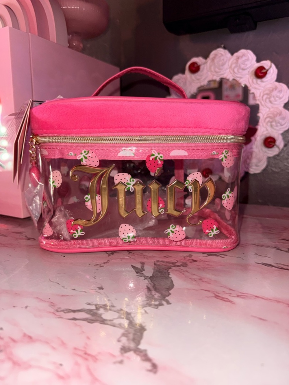 Juicy Couture Pink Clear Strawberry-Print Cosmetic Case